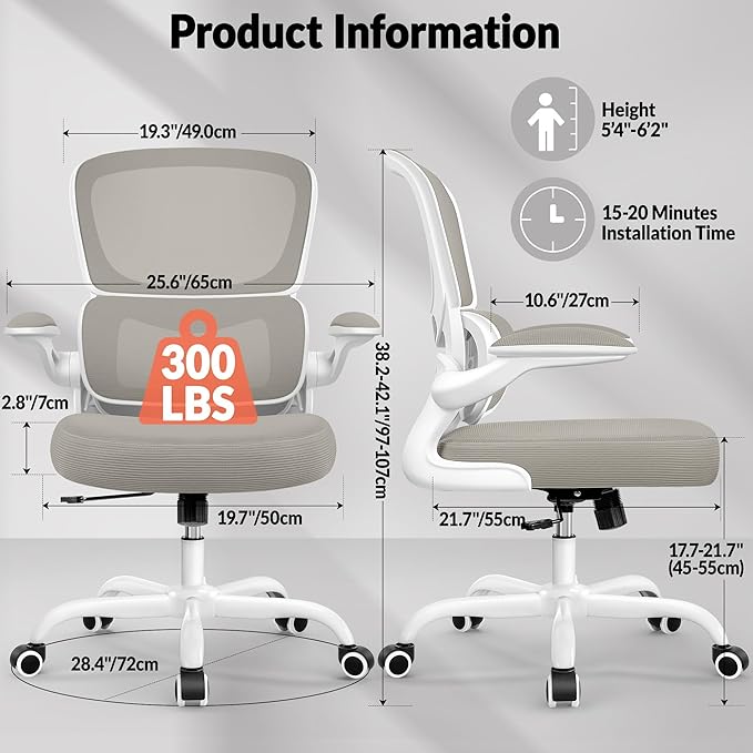 BESTFAIR Office Chair Ergonomic Desk Chair, Breathable Mesh Comfy Chair with Lumbar Support, Computer Chair, Home Desk Chair with Flip-up Armrests, Gaming Chair for Adults Home Office