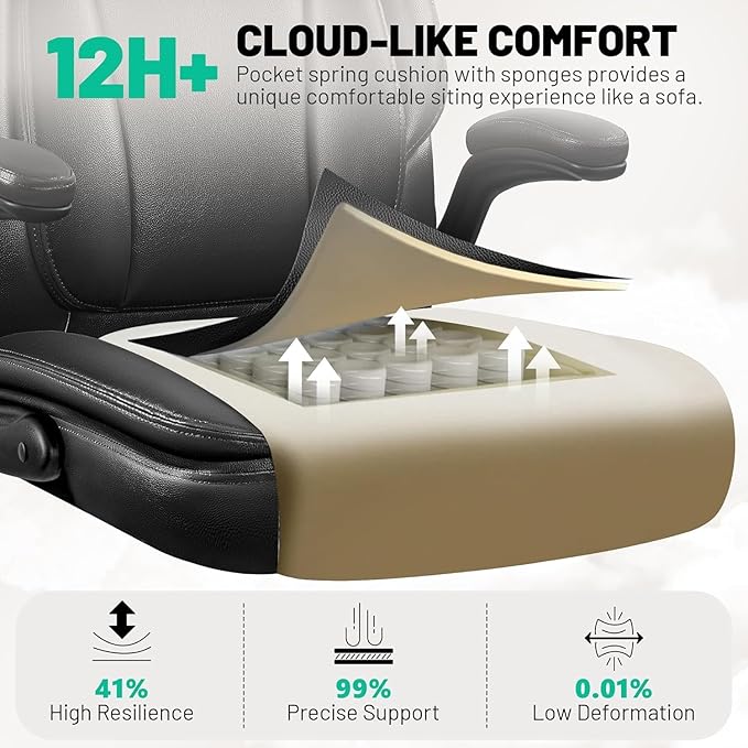 BestGlory Ergonomic Office Chair, PU Leather High Back Desk Chair with Adjustable Headrest and Padded Flip-Up Arms, Lumbar Support Computer Chair for Home Office Gaming, Black