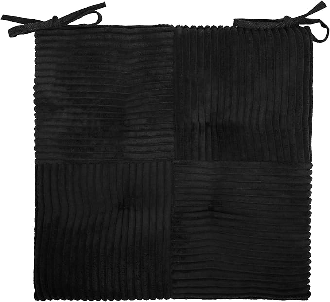 Office Stacking Chair Cushion with Ties, Corduroy High Density Foam Non-Slip Kitchen Seat Cushion, Square 17" x 17" Indoor Dining Chair Pads, Black, 1 PCS