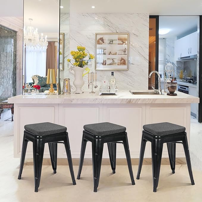 BUYUE Friendly Woven Fabric Magnetic Bar Stool Cushion 1 Piece, Enhanced Anti-Slip Breathable Small Chair Seat Pad for Café Bistro Stackable Metal Stool (Square, Dark Gray, 1)