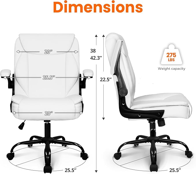 NEO CHAIR Desk Office Gaming Computer Chair Ergonomic Executive Mid-Back Leather with Adjustable Padded Flip-Up Armrests Cushion Wheels Swivel for Home Study Task (White)