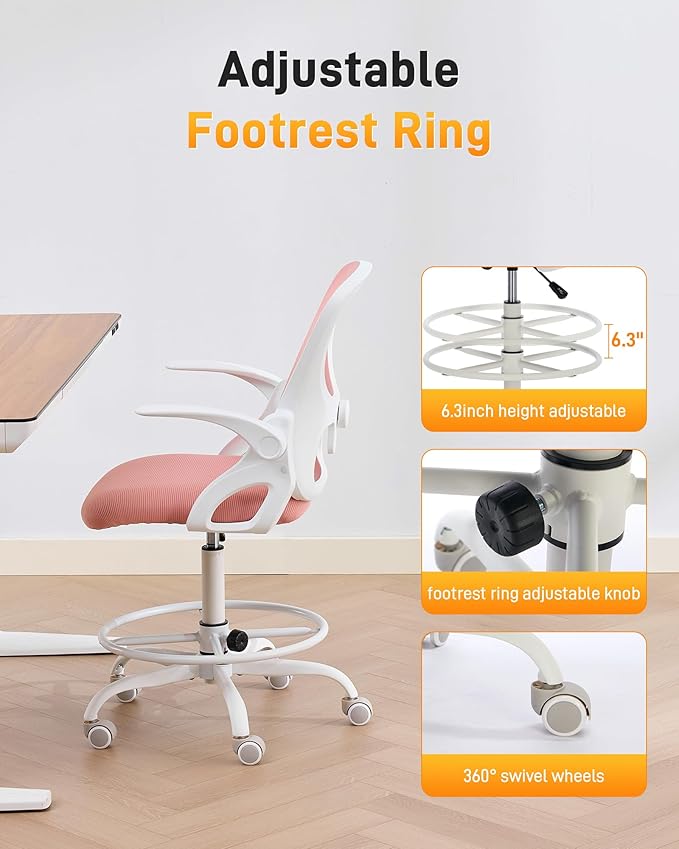 LukkDys Drafting Chair with 4D Multi-Adjustable Backrest, Tall Office Chair 19.7"-27.6" Seat Height, Ergonomic Standing Desk Chair with Flip-up Arms, Foot Ring, Pink&White