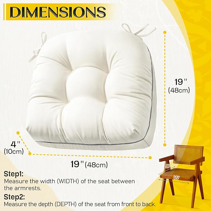 1 MIDDLE ONE Outdoor Chair Cushions Set of 2, Outdoor Cushions for Patio Furniture and Wicker Chair, Memory Foam Patio Seat Cushion Pads with Ties, 19 x 19 Inch (Cream)