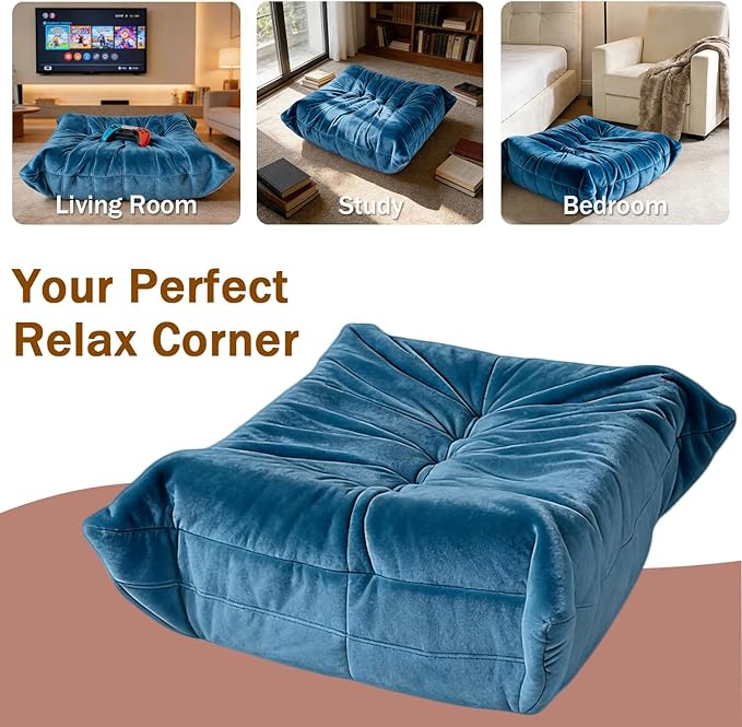 Trenda Extra Large 29.5"x27.5" Velvet Ottoman - Soft Foot Rest, Bean Bag Chair Compatible Accent Ottoman, Independent Use Extra Seat for Living Room Bedroom (Blue)