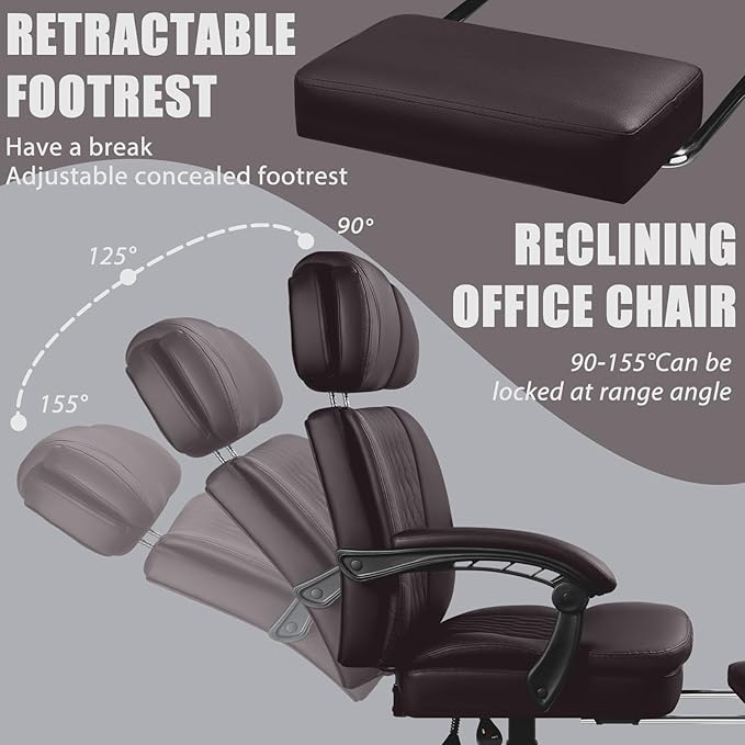 LEMBERI400lbs Executive Office Chair with Foot Rest, Ergonomic Heavy Duty Big and Tall Desk Chair with Adjustable Headrest, High Back PU Leather Comfy Reclining Computer Chairs