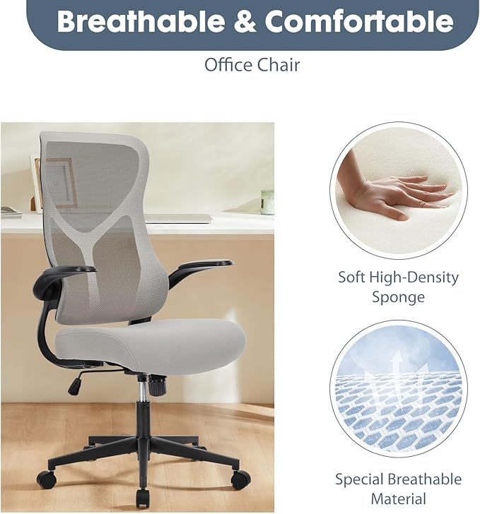 DUMOS Home Office Desk Chair - Ergonomic High Back Mesh Computer Chair with Comfy Flip-up Armrests, Adjustable Height Swivel Task Chair with Wheels, Comfortable Lumbar Support, for Adults, Gery