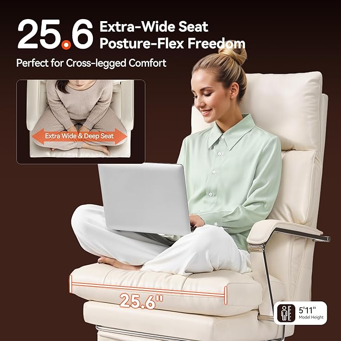 OKUP M76 160° Reclining Executive Office Chair with Footrest, Adjustable Seat Depth, 10" Thick Cloud Cushion Desk Chair, 420lb Heavy Duty High Back Leather Desk Chair for Home Office, Cream