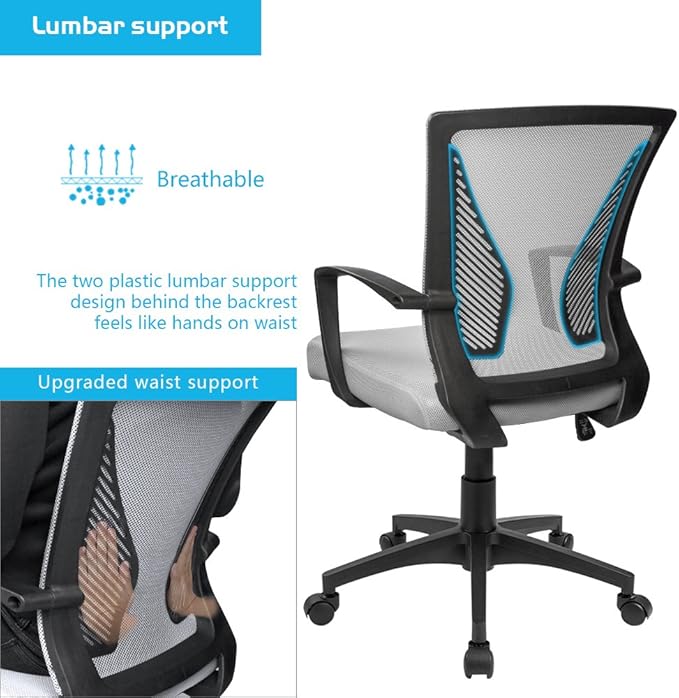 Furmax Office Chair Ergonomic Computer Desk Mesh Chair Mid Back Swivel Lumbar Support with Armrest (1, Gray)