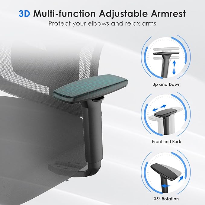 Soohow Ergonomic Office Chair,Mesh Desk Chair with Adjustable Lumbar Support and Headrest,Comfy Computer Chair with 3D Armrest Recling Swivel Chair for Home and Office, Black & Black