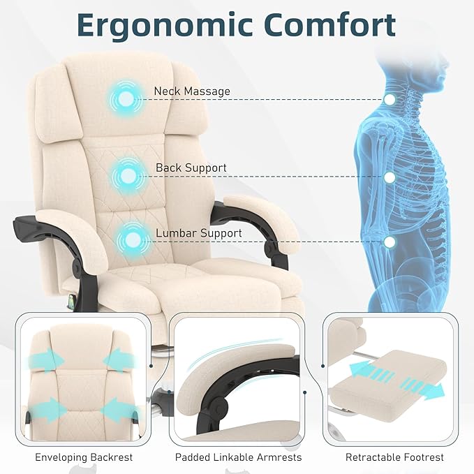 HOMREST 6-Point Massage Office Chair with Heat, Ergonomic Reclining Desk Chair with Footrest, Soft Chenille Fabric Executive Chairs for Home Office, Comfortable Computer Chair Gift for Women, Beige