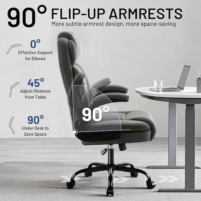 AreShark Ergonomic Office Chair with High Back Headrest,PU Leather Executive Desk Chair Padded Flip-Up Armrests,Lumbar Support,Swivel Computer Chair for Home Office & Gaming,Gray