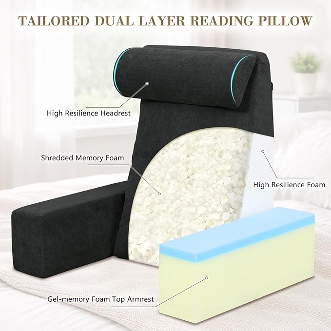 Back Pillow for Bed Sitting Up, Upright Pillows for Sleeping & Lumbar Relief, Dual-Layer Back Support Pillow with Adjustable Headrest, Black