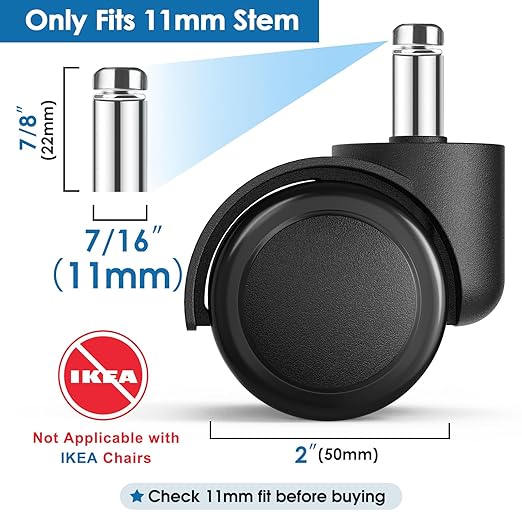 MaxGear 2" Office Chair Wheels Heavy Duty Replacement, Mute Rubber Rotating Desk Chair Caster Wheels, Safe for All Floors Including Hardwood, Only Fits 11mm Stem, NOT for 10mm or IKEA Chairs, Set of 5