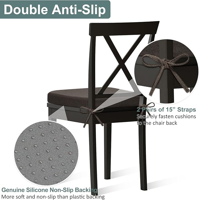 Shinnwa Seat Cushions for Dining Room Chairs 6 Pack, Patented Design Memory Foam Dining Chair Pads with Ties and Washable Cover, Set of 6, 17" x 16" x 2", Dark Brown