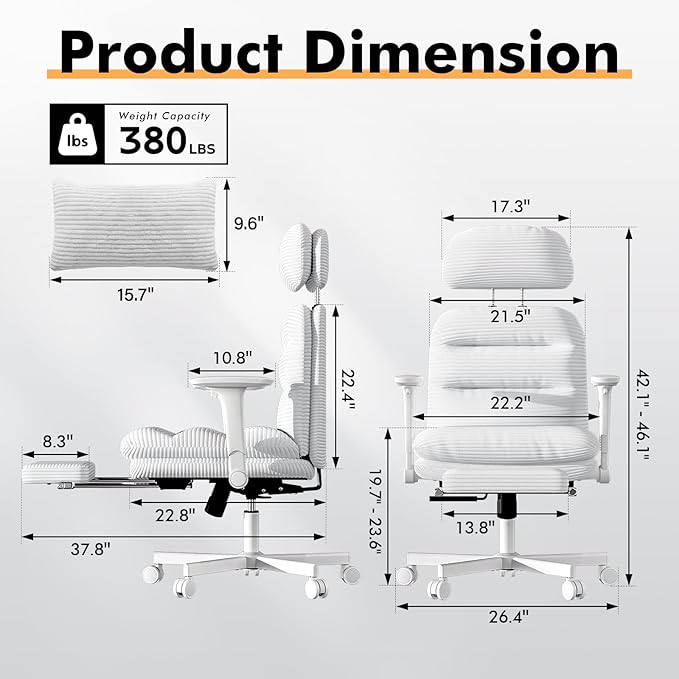 GXJ Criss Cross Chair with Flip-up Arms, Executive Office Chair with Foot Rest, Swivel Cross Legged Office Chair with Lumbar Pillow&Headrest, Corduroy Comfy Computer Desk Chair for Home, White