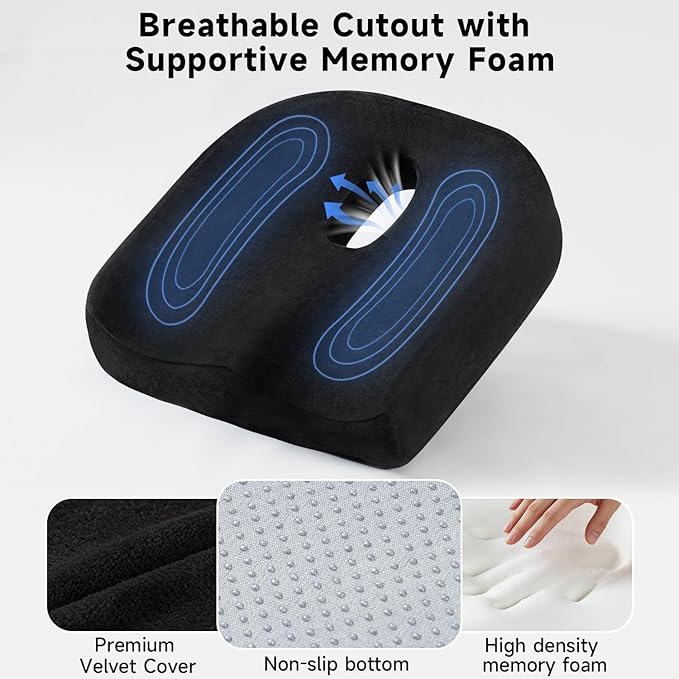 Donut Pillow Seat Cushion for Tailbone and Coccyx Comfort, Memory Foam Donut Cushion with Center Cutout, Large Medium-Firm Chair Cushion for Long Sitting, Office Chairs & Desk Chairs, Black