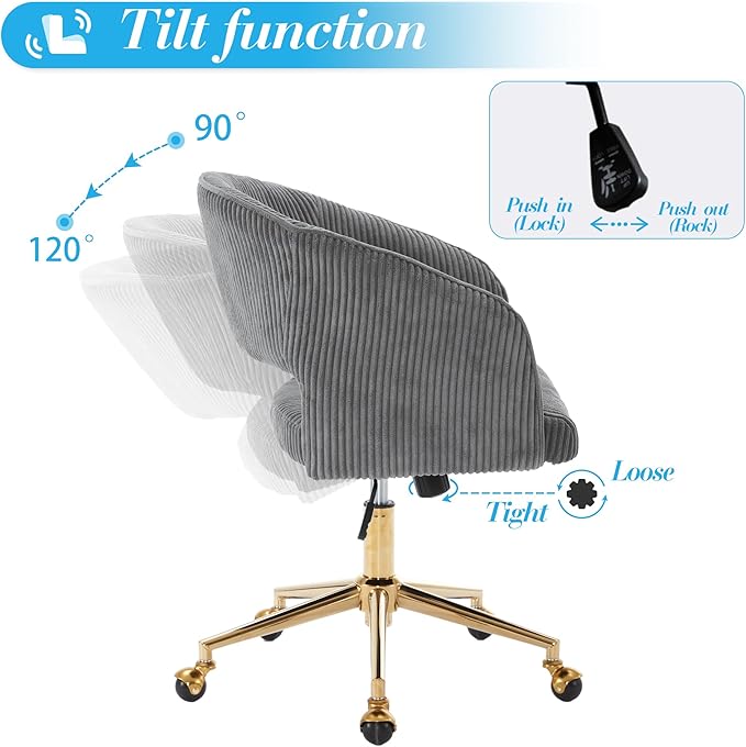 KCC Home Office Chair Swivel Desk Chair Accent Armchair Upholstered Modern Tufted Chairs with Gold Base for Girls Women Ergonomic Study Seat Computer Task Stools, with Wheels, Corduroy,Gray