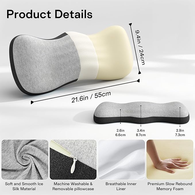 Lumbar Support Pillow for Bed, Lower Back Pillow for Sleeping, Memory Foam Waist Pain Relief Pillows, Lumbar Pillow for Sleeping, Bed, Car, Couch (Grey Black)