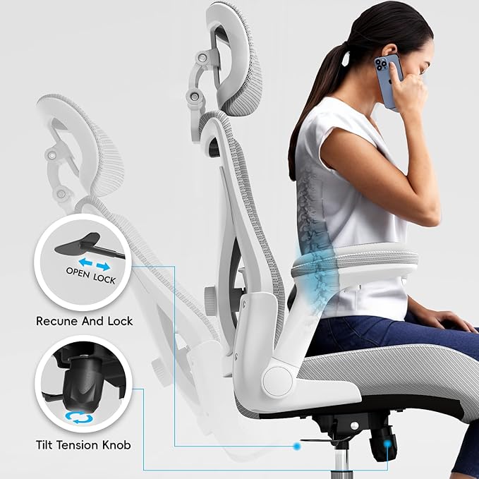 Ergalithic Office Home Ergonomic Desk Chair-Computer X-Shaped Chair Mesh PU Leather with Adjustable Lumbar Support-Executive Chair High Back with Headrest Flip-Up Arms for Long Hours (Grey)