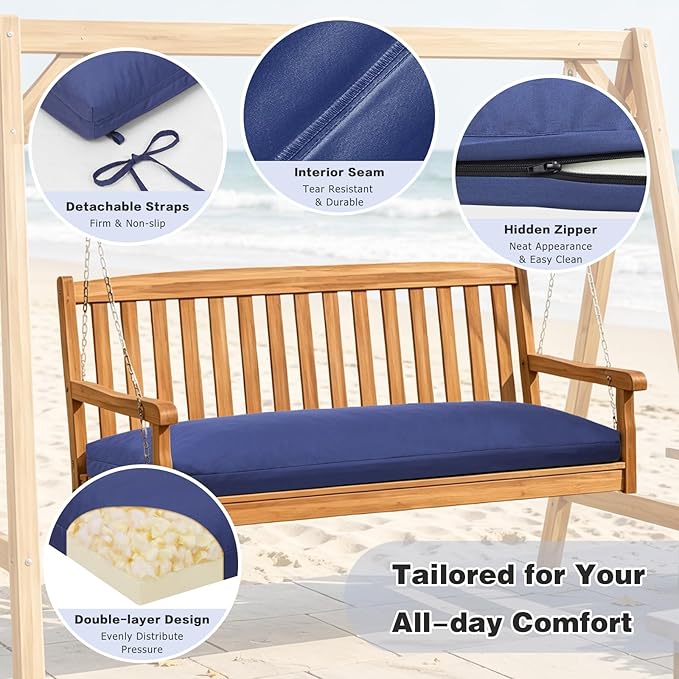 baibu 45In Outdoor Bench Cushion Waterproof, Bench Cushions for Outdoor Furniture, Dual-Layer Memory Foam atio Furniture Cushions, Porch Swing Seat Pad with Washable Cover & Ties, 45x16x3.5, Navy Blue