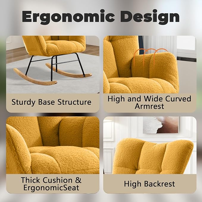Nursery Rocking Chair Teddy Upholstered Glider Rocker,Rocking Accent Chair Padded Seat with High Backrest,Solid Wood Legs for Nursery Bedroom Living Room(Yellow