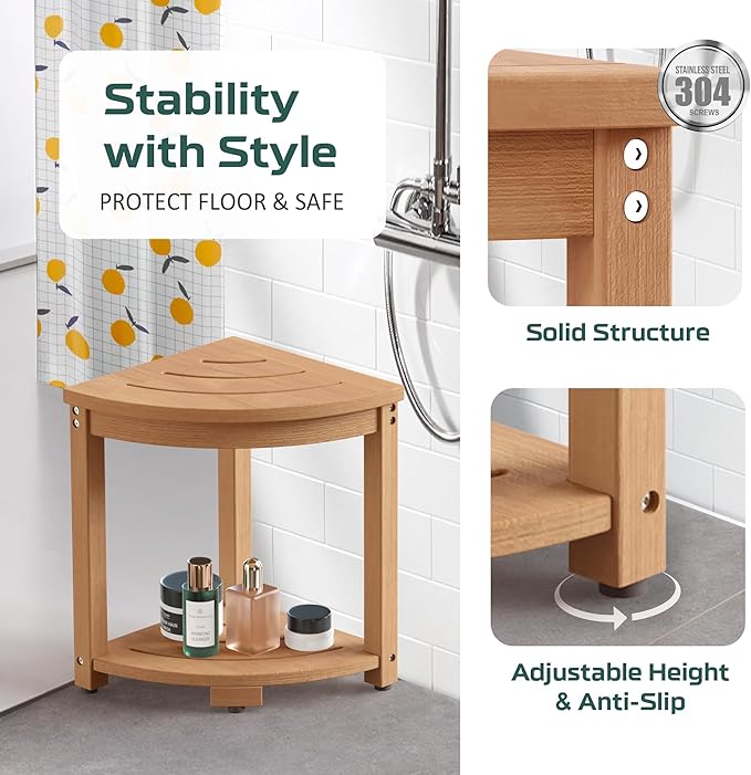 Waterproof Corner Shower Stool for Inside Shower, Poly Lumber Shower Bench Seat Chair, Bath Shower Stool for Shaving Legs Foot Rest with Storage Shelf, Adjustable & Non-Slip Feet, Teak Brown