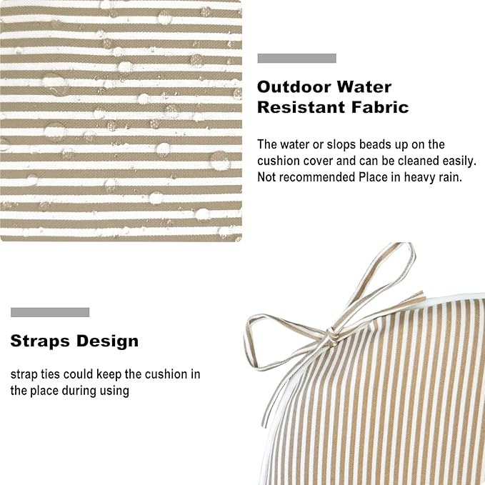 DYTXIII Set of 4 Outdoor Chair Cushions with Ties,Water Repellent Patio Chair Pads 17"x 16" for Outdoor Furniture,Round Corner Seat Cushions for Garden Yard Kitchen Stripe Beige