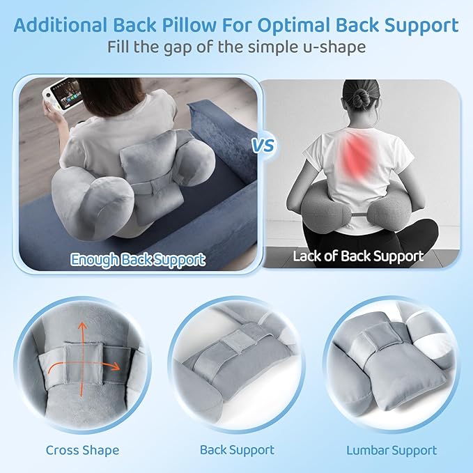 Crochet Pillow for Lap Support - Reading Pillow for Laptop with Extra Back Pillow for Support, Enlarged Gaming Pillow for Lap, Multi-Purpose Reading Pillow for Gaming/Working/Crocheting, Grey