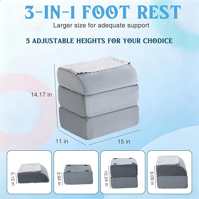 Novabright Foot Rest Under Desk, 3 Height Adjustable Ergonomic Foot Stool with Gel Textured Top and Cozy Pocket, Non-Slip Foam Footrest for Office Home Car(15" X 11" X 14.4",Cambered,Gray)