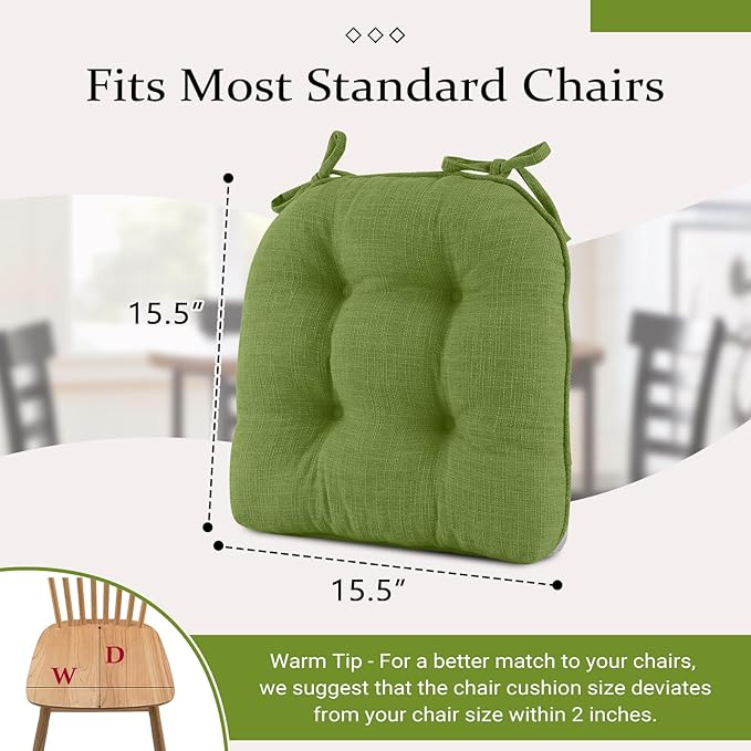Wellsin Chair Cushions for Dining Chairs, Non-Slip Kitchen Chair Pads with Ties, Tufted Shredded Foam Kitchen Chair Cushions Set of 4, 15.5" X 15.5", Grass Green