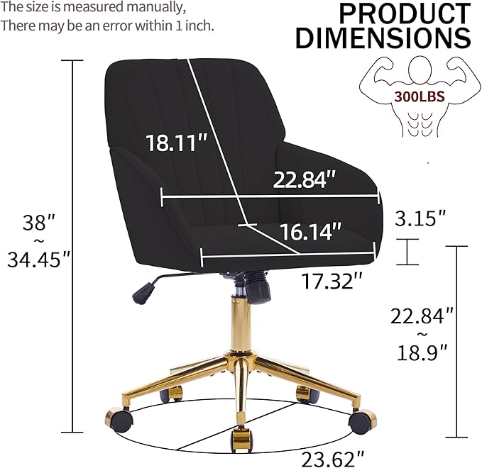 Velvet Home Office Desk Chair, Modern Cute Computer Task Chair with Back, Height Adjustable Upholstered Vanity Chair with Swivel Wheels for Women, Girls (Gold Base, Black