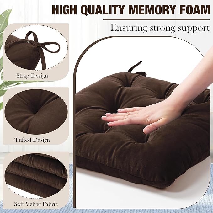 Nuanchu Memory Foam Chair Cushions Set of 4, Thick Indoor Seat Cushions for Dining Chairs Tufted Seat Pads for Kitchen, Dining Room, Office,(Dark Brown,15.5"x15.5"x4")