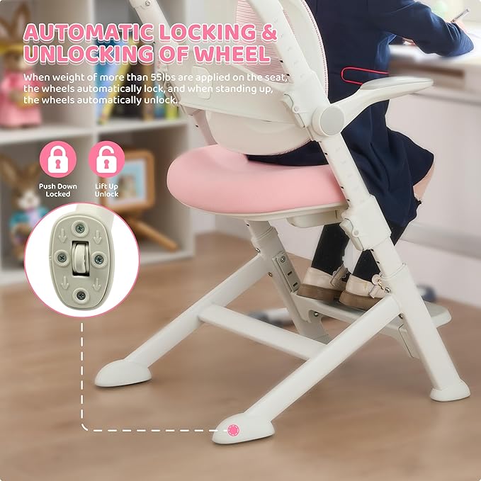 ERIYA Kids Desk Chair,Ergonomic Chair: Breathable Mesh Back, Adjustable Seat, Flip-Up Armrests, Footrest, Lumbar | Ideal for Kids, Petite Adults – Ultra-Comfy for Study/Work (Pink)