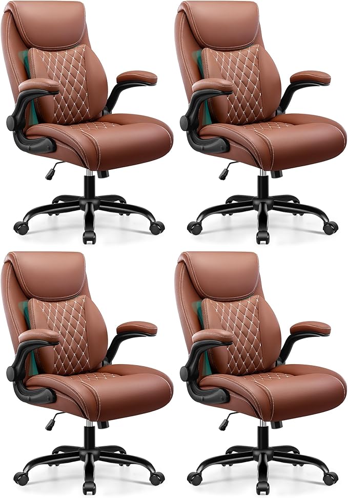 BESTFAIR Office Chair, Ergonomic Computer Desk Chairs with Lumbar Support for Lower Back Pain Relief, Executive Leather Home Chair Comfy with Padded Flip-up Armrests, Brown, 4-Pack