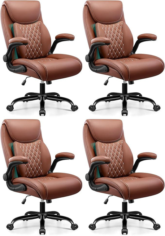 BESTFAIR Office Chair, Ergonomic Computer Desk Chairs with Lumbar Support for Lower Back Pain Relief, Executive Leather Home Chair Comfy with Padded Flip-up Armrests, Brown, 4-Pack