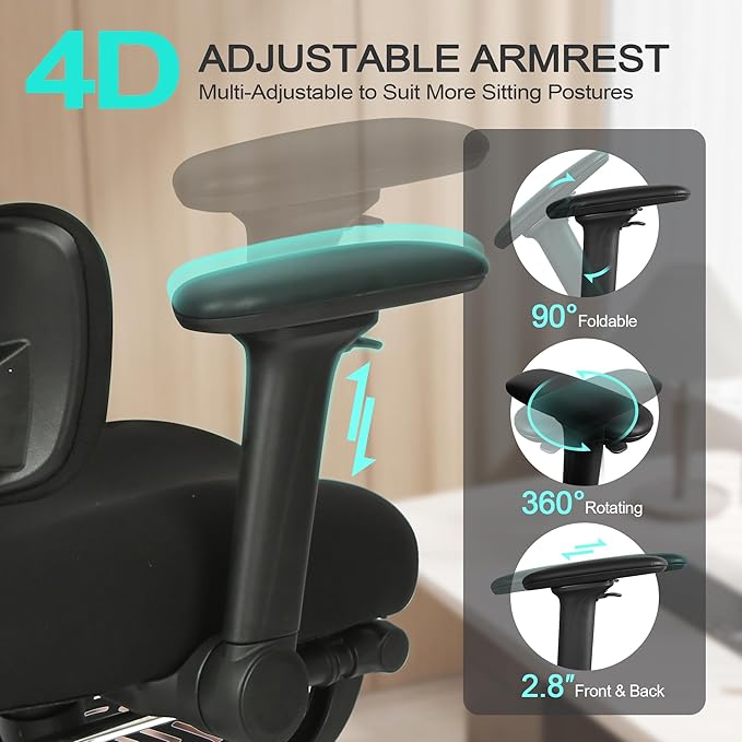 Ergonomic Office Chair with 4D Flip-Up Arms & Footrest, Mesh Desk Gaming Chair with 3D Headrest & 2D Floating Wing Lumbar Support, High Back Computer Chair for Home Office Vanity, Black