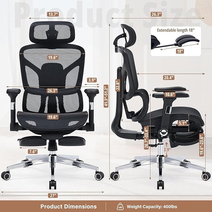 Ergonomic Office Chair with Footrest - 400lbs Heavy Duty Mesh Desk Chair, 5D Armrests, 3D Lumbar, 5 Level Backrest, Adjustable Headrest, Reclining High Back Swivel Chairs for Home Office