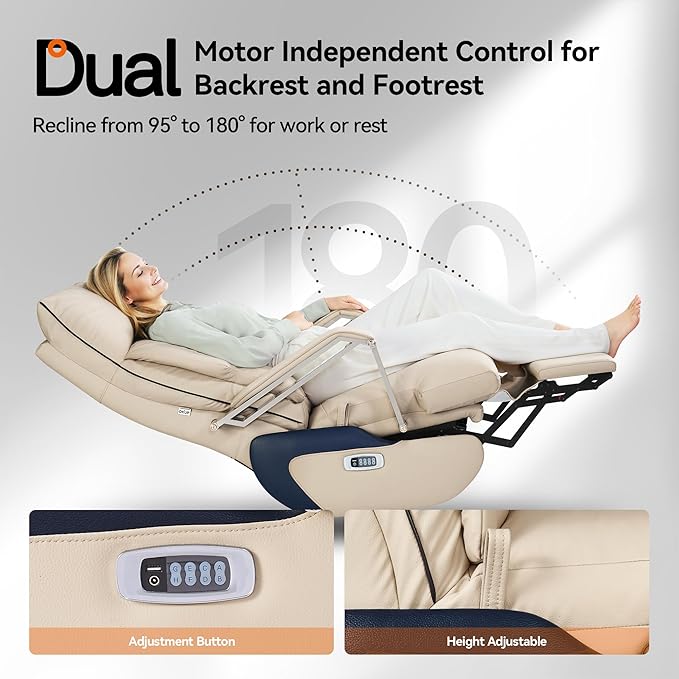OKUP® M80A Dual Motor Electric Executive Office Chair with Heat Massage Ventilation, Comfortable Reclining Office Chair Wide Seat, Ergonomic Leather Home Office Desk Chair (Beige,Multi-Functionality)