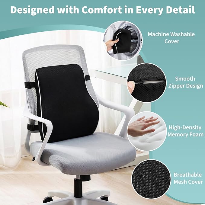 Lumbar Support Pillow for Office Chair, Back Support Pillow for Chair, Ergonomic Memory Foam Back Support Cushion, with Breathable and Washable Ventilated Mesh Cover, Ideal for Office Chairs