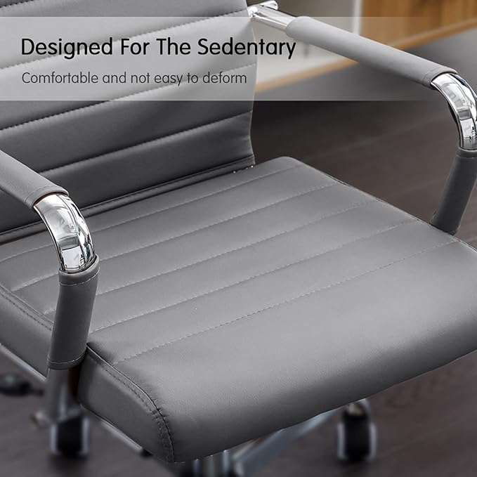 Home Office Chair Ribbed, Modern Leather Conference Room Chairs,Ergonomic Office Desk Chair, High Back Computer Chair, Adjustable Swivel Chair with Arms (Grey)