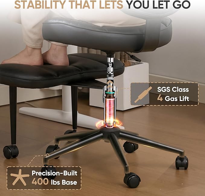 Criss Cross Office Chair with Wheels, Adjustable-Height Backrest & Swivel Footrest, Ergonomic Cross Legged Office Chair with Leg Rest for Kneeling Meditation Yoga ADHD (Black Leather)
