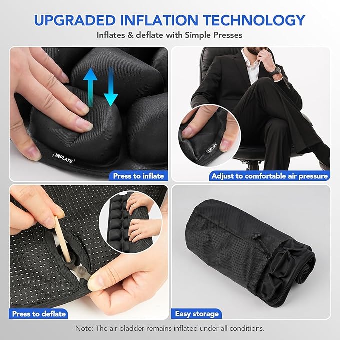 34 Air Cell Self-Inflating Seat Cushion, 3D Air Bubble Design for Tailbone Pain & Hemorrhoid Relief, Pressure Relief Cushion for Office Chair, Car, Wheelchair, Airplane Travel, Home (No Pump Needed)
