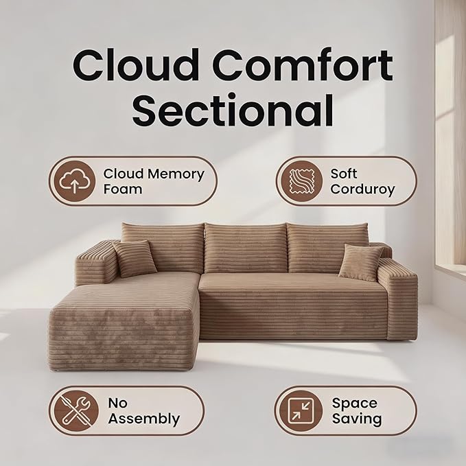 94" Camel Boneless Couch with Left Facing Chaise for Living Room, Corduroy L-Shaped Sectional Couches,Compressed Memory Foam Cloud Sofa,No Assembly Required,Camel