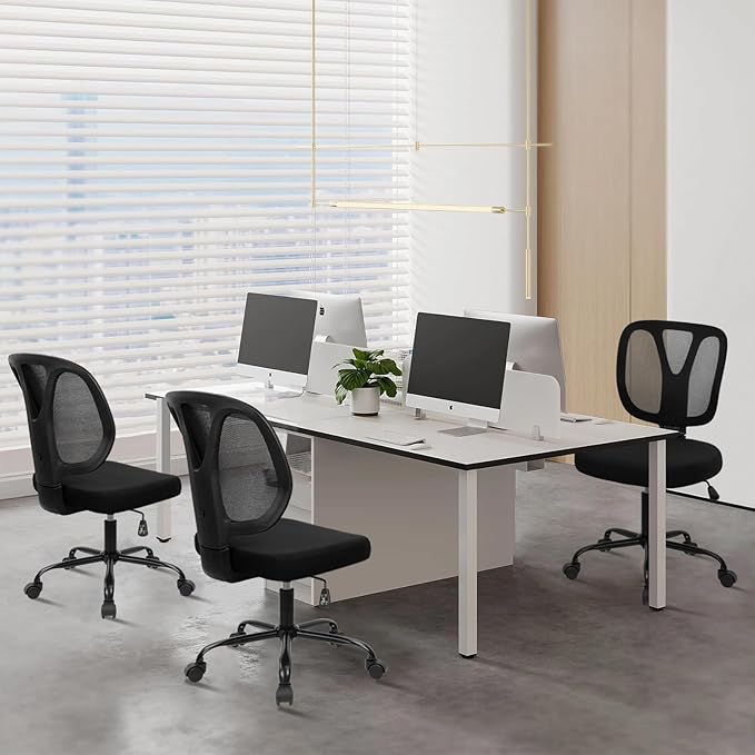 CLATINA Armless Home Office Chair, 360° Swivel Rolling Desk Chair with Lumbar Support and Wheels, Adjustable Height Mesh Back Small Ergonomic Computer Task Chair for Conference Waiting, Black(2 Pack)
