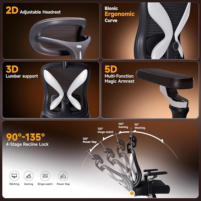 amseatec Office Chair Ergonomic Desk Chair,350 LBS Home Mesh Office Desk Chairs with 3D Adjustable Lumbar Support,5D Flip-up Arms,2D Adjustable Headrest,Comfortable Computer Gaming Chairs(Black)