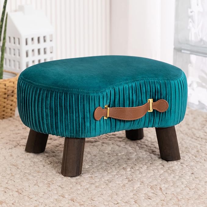 LUE BONA Small Curved Foot Stool with Handle, Teal Velvet Footstool and Ottomans, Modern Foot Rest with Wooden Legs, Step Stool with Padded Seat for Couch, Living Room