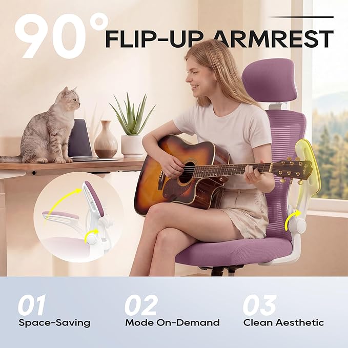Office Chair, Ergonomic Mesh Desk Chair with Adjustable Lumbar Support and Headrest, Flip-up Armrests, High Back Computer Task Chair for Home and Executive Office (W-All Purple)