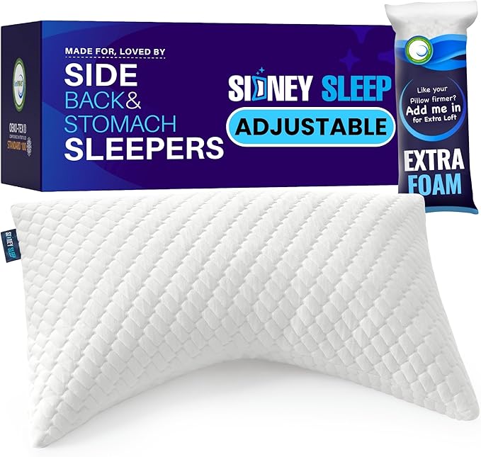 Sidney Sleep Adjustable Curved Pillows for Neck and Shoulder Support with Extra Shredded Fill - Cervical Contour Pillow for Side and Back Sleepers - Queen Size 19" x 29" CertiPUR-US Certified (White)