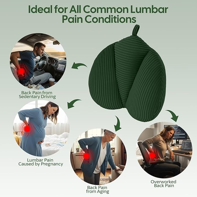 Lumbar Support Pillow for Couch, Back Support Pillow for Office Chair, Heart-Shape Back Cushion with Shredded Foam for Back Pain Relief & Reading, Lumbar Cushions for Recliner, Car, Green