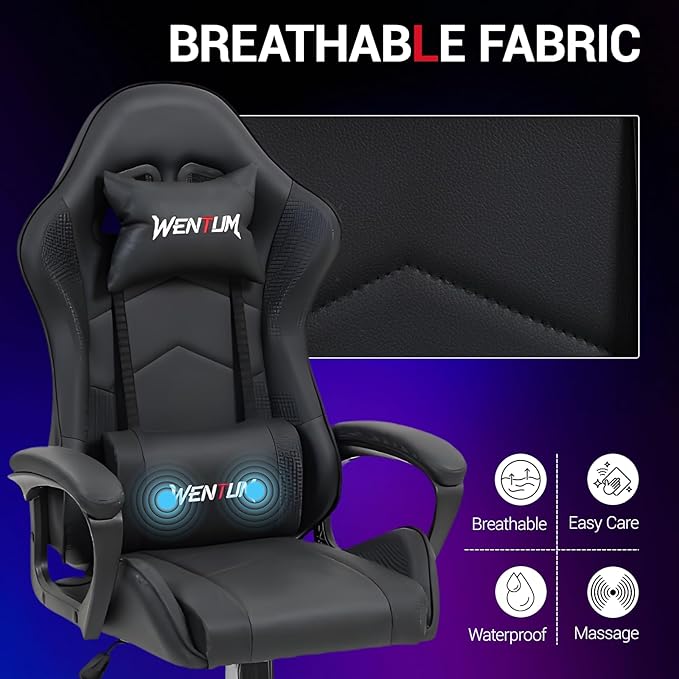 Ergonomic Massage Gaming Chair — High-Back Reclining Office Chair with Lumbar Support for Adults, Height Adjustable, PU Leather, Black
